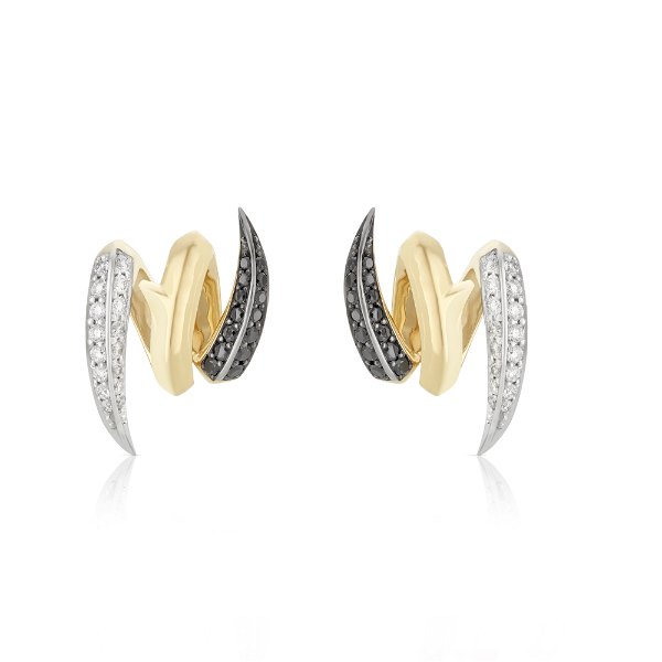 Closeup photo of Thorn Embrace Entwined Stud Earrings with Black and White Diamonds in 18kt Yellow and White Gold