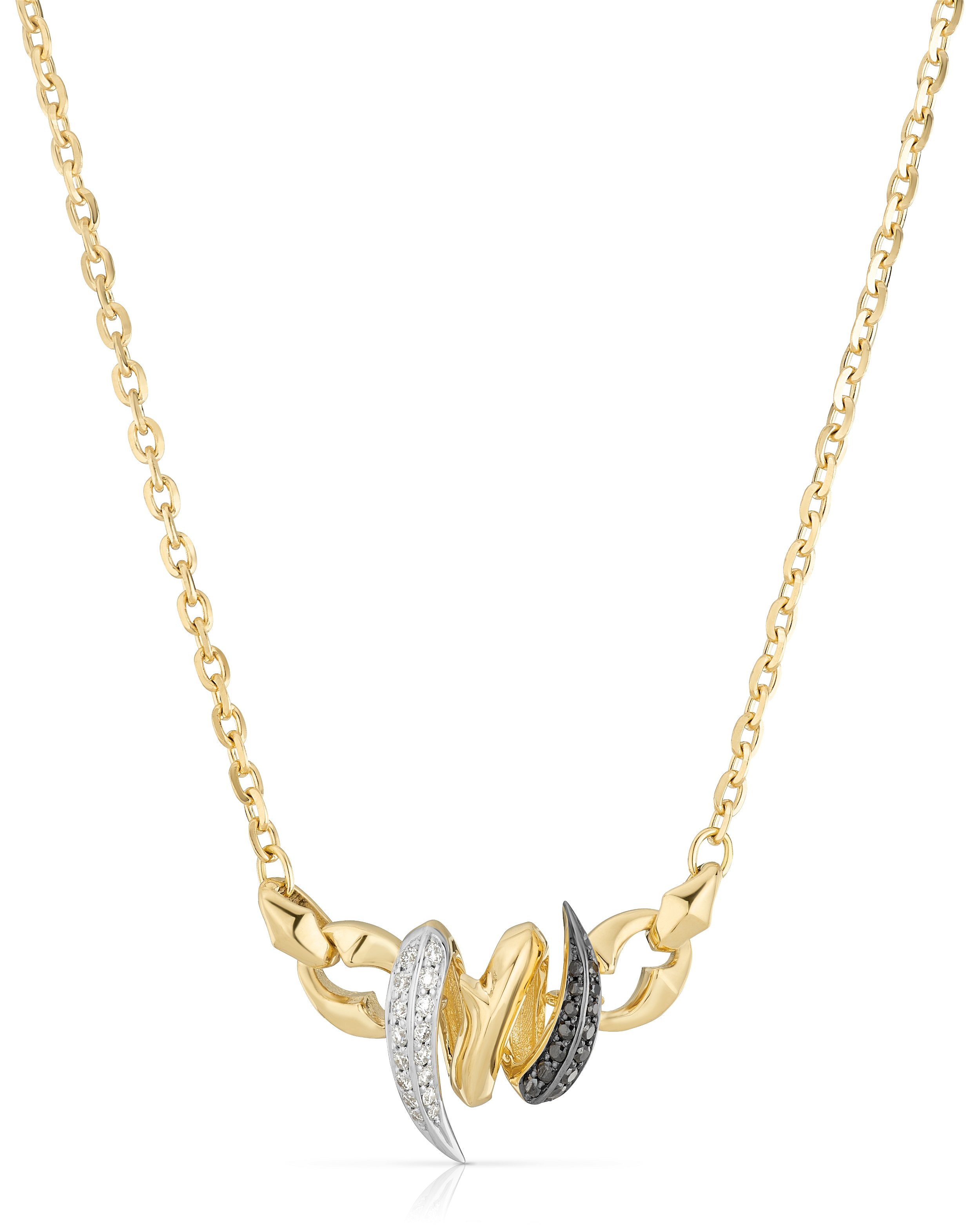 Thorn Embrace Entwined Inline Pendant Necklace with Black and White Diamonds in 18kt White and Yellow Gold