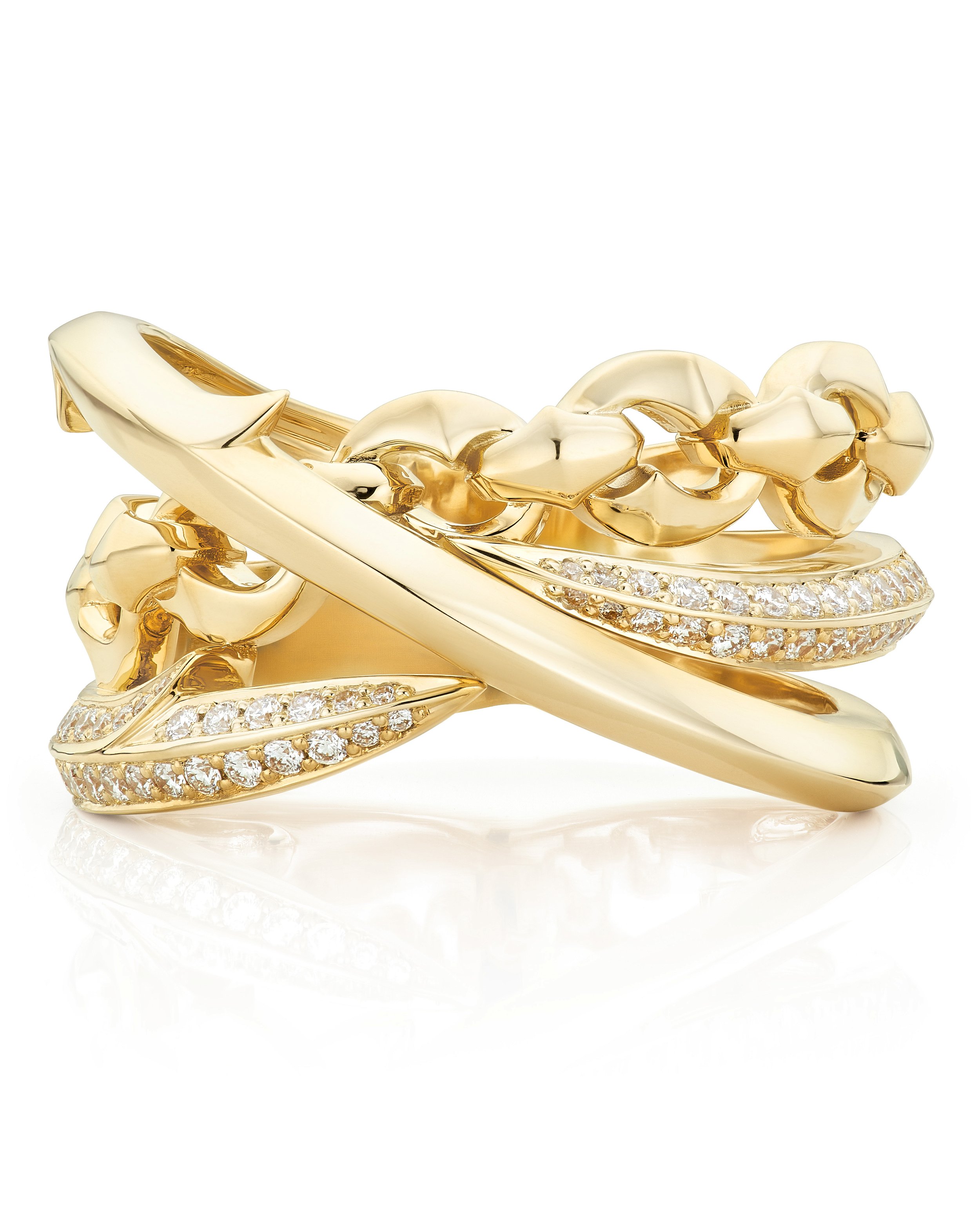 Thorn Embrace Bound Together Band Ring with White Diamonds in 18kt Yellow Gold - Size 7