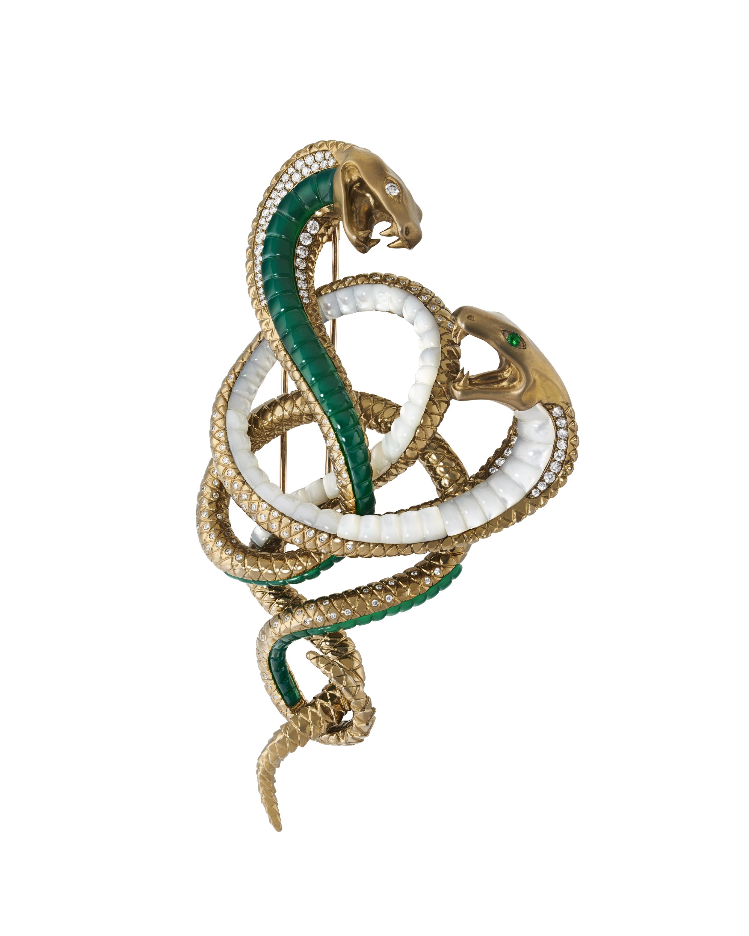 Sworn Enemies Master & Serpent Brooch with Emeralds, Agates, Pearls and Diamonds in Titanium and 18kt Yellow Gold