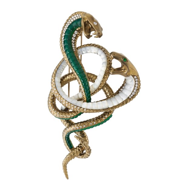 Closeup photo of Sworn Enemies Master & Serpent Brooch with Emeralds, Agates, Pearls and Diamonds in Titanium and 18kt Yellow Gold