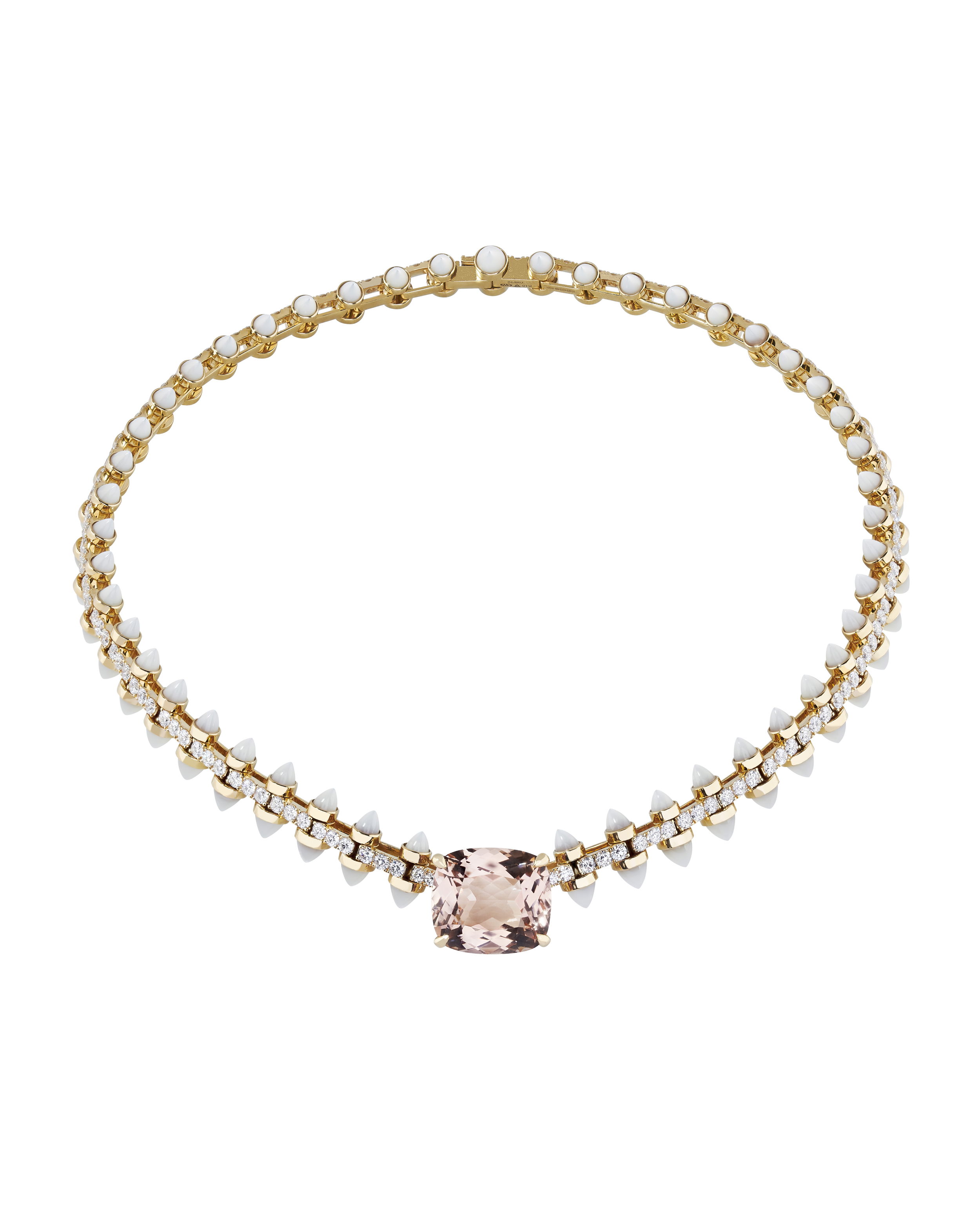 Russian Roulette Wheel Necklace with Morganite, Mother of Pearl and Diamonds in 18kt Yellow Gold