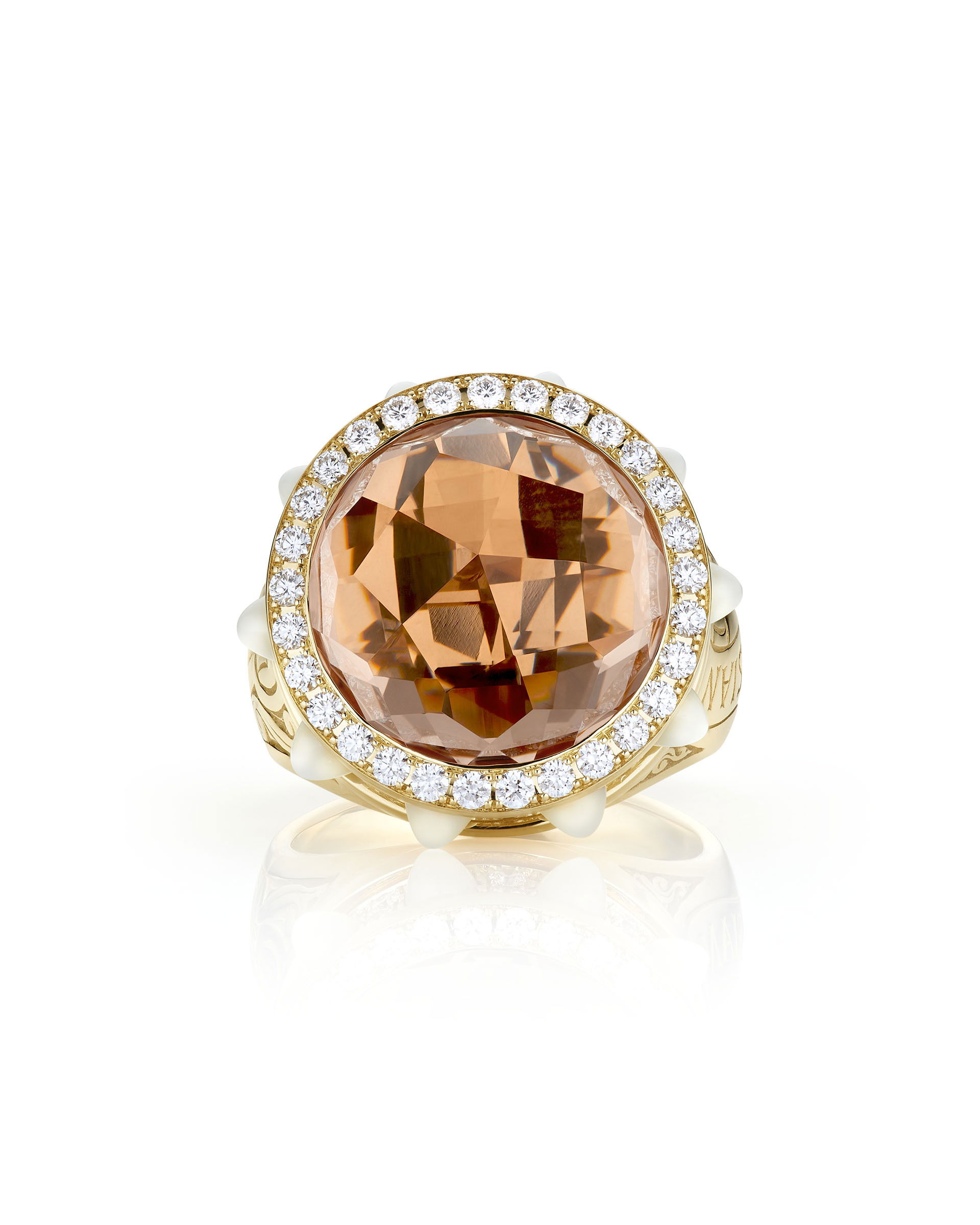 Russian Roulette Ring - 18k yellow gold, with Morganite xxct and white diamond pav? xxct. White mother of pearl bullets xxct. Size 7 Russian Roulette Ring with Morganite, Mother of Pearl and Diamonds in 18kt Yellow Gold - Size 7