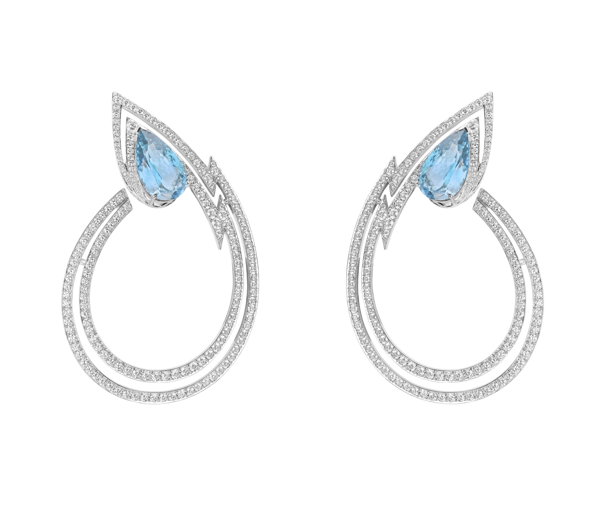 Lady Stardust Couture Earrings with Aquamarine and White Diamonds in 18kt White Gold
