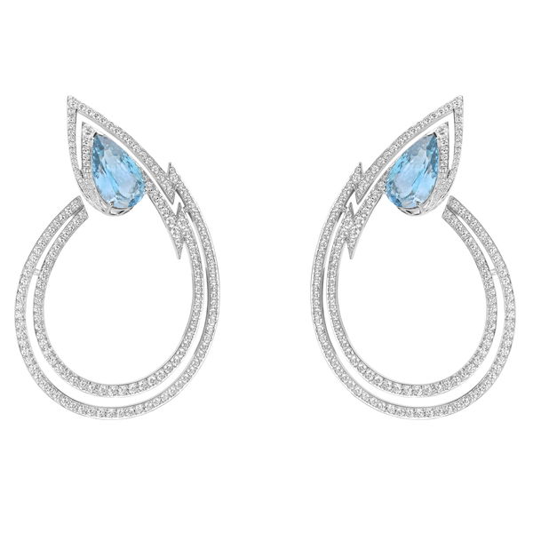 Closeup photo of Lady Stardust Couture Earrings with Aquamarine and White Diamonds in 18kt White Gold