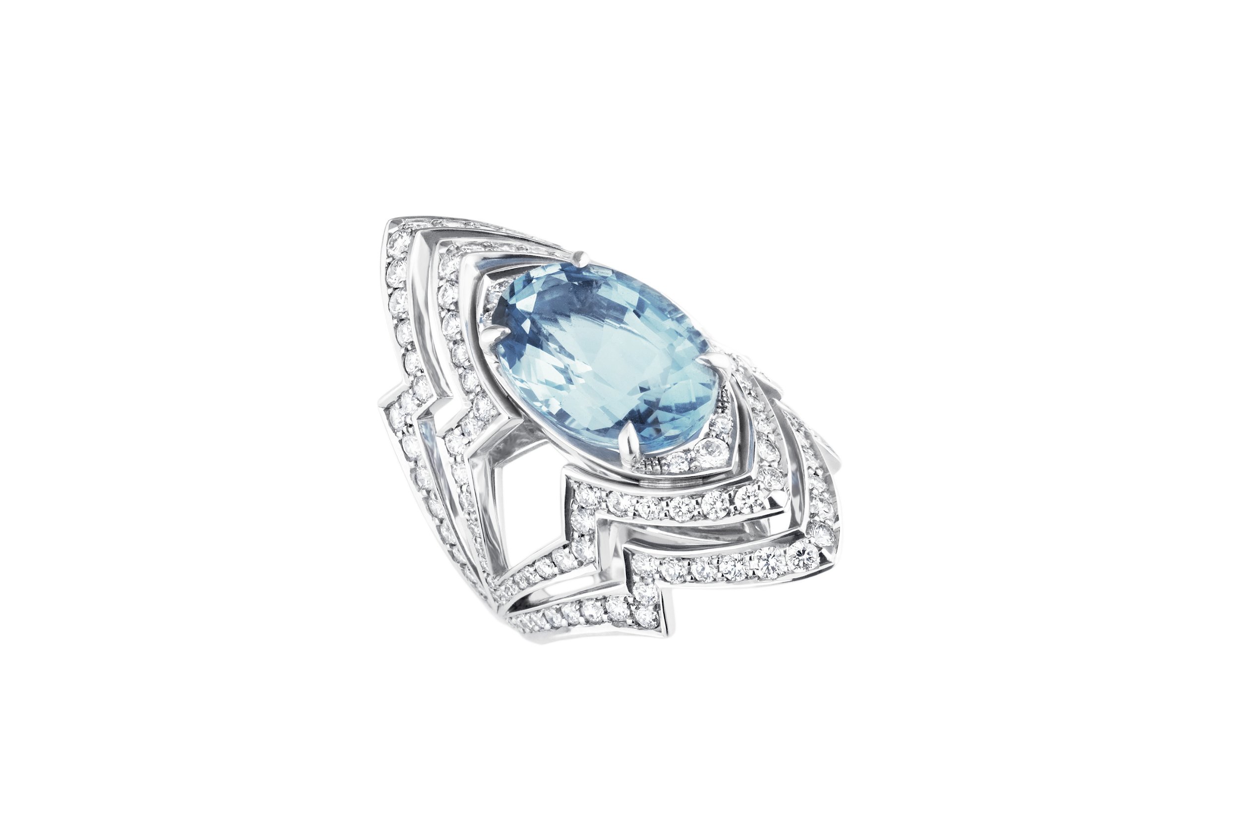 Lady Stardust Couture Ring with Aquamarine and White Diamonds in 18kt White Gold - Size 7