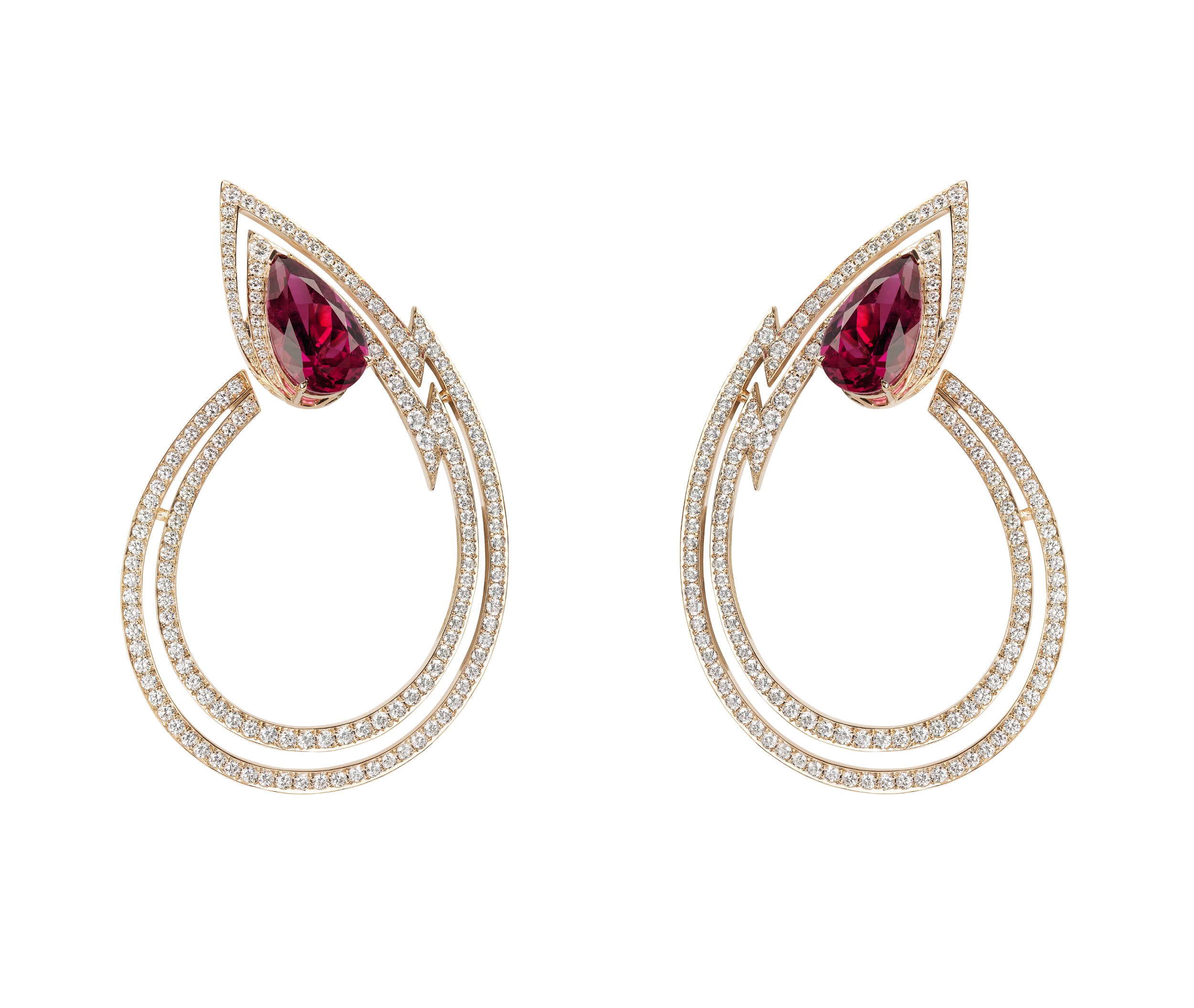 Lady Stardust Couture Earrings with Rubellite and White Diamonds in 18kt Rose Gold