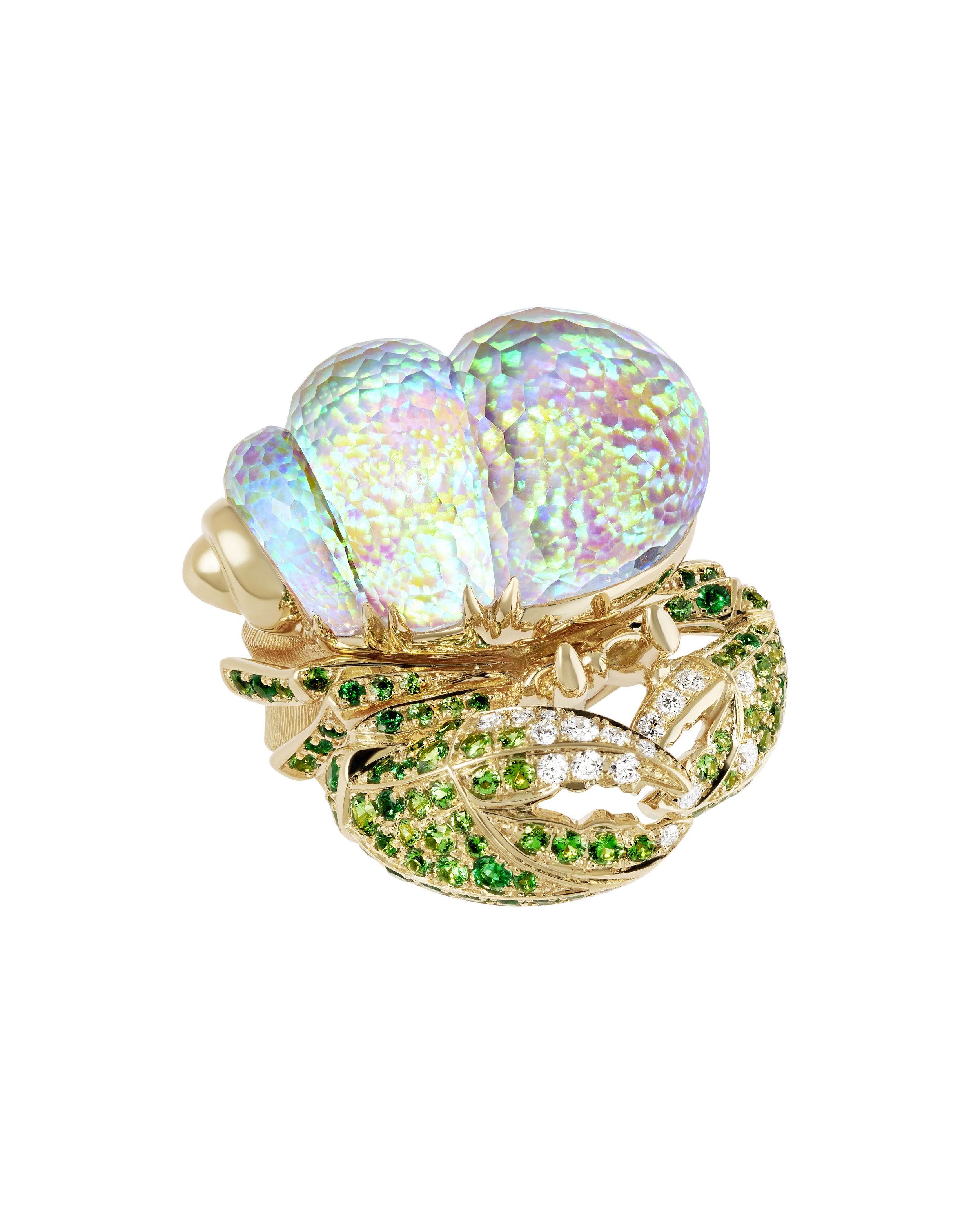 Hermit Crab Ring. 18ct Yellow Gold (21.61gm) set with white Opalescent Crystal Haze (3pcs/39.76ct), green shades of Emeralds (24pcs/.40ct), Tsavorites (65pcs/1.15ct) and White Diamonds (20pcs/.33ct). Total Weight.- 30.03gm Size 7 No Regrets CH2 Hermit Crab Ring with White Opalescent, Emerald and Diamonds in 18kt Yellow Gold
