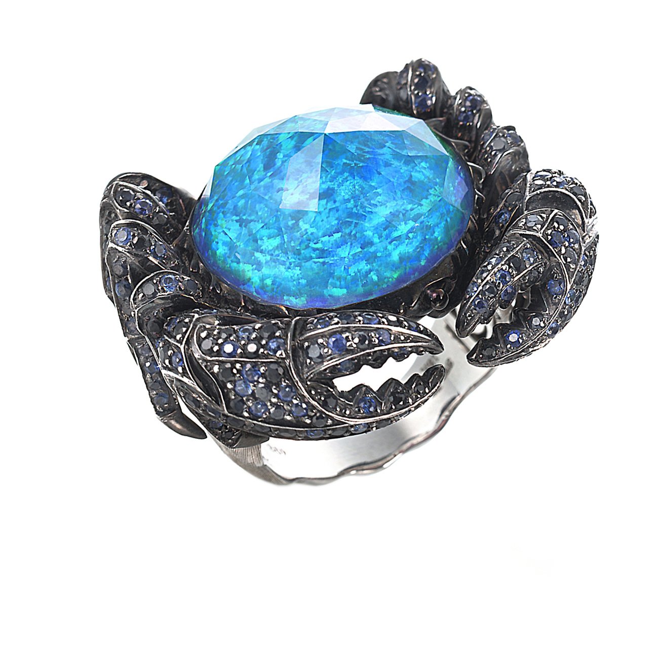 Jewels Verne CH2 Crab Ring with Black Opalescent, Blue Sapphires and Black Diamonds in 18kt White Gold - Size 7