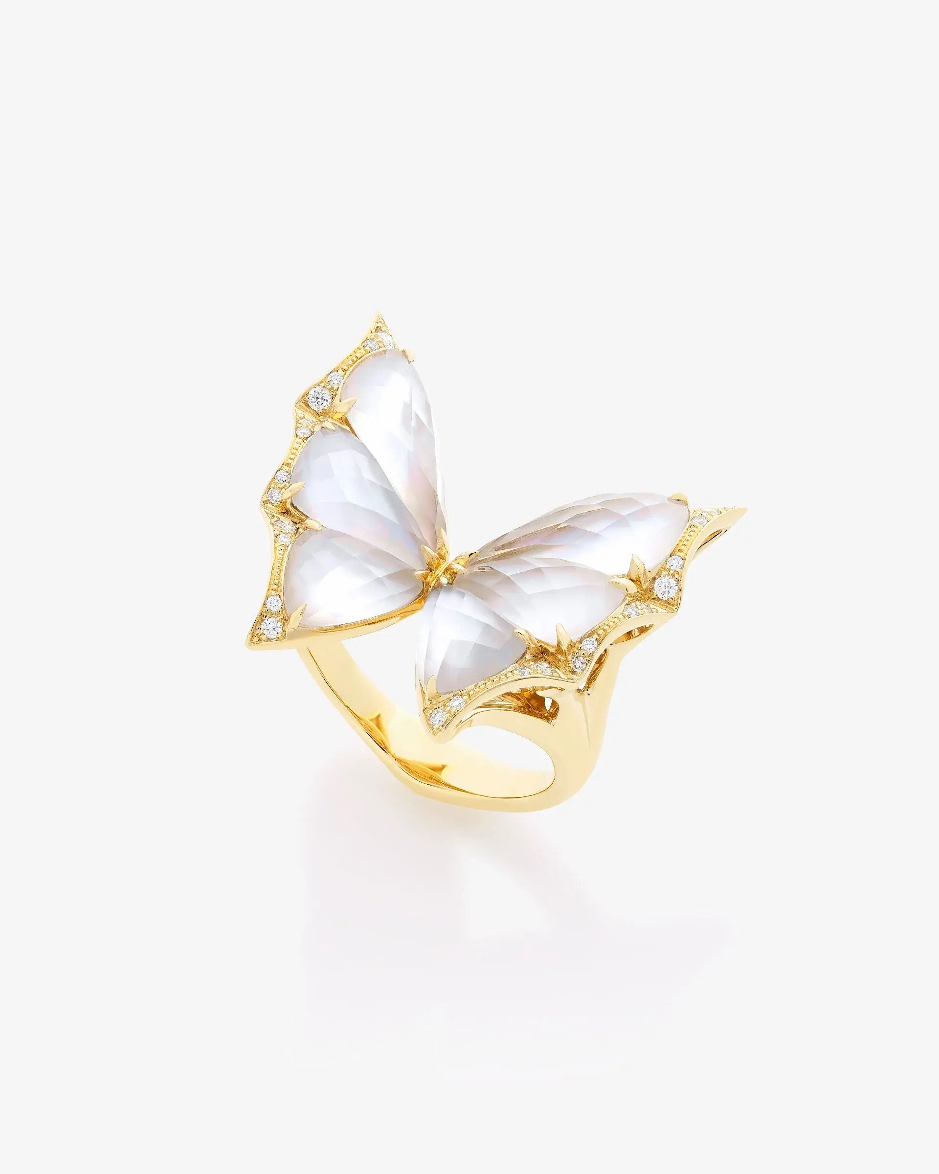 Fly by Night CH2 Small Ring with White Mother of Pearl and White Diamonds in 18kt Yellow Gold - Size 7