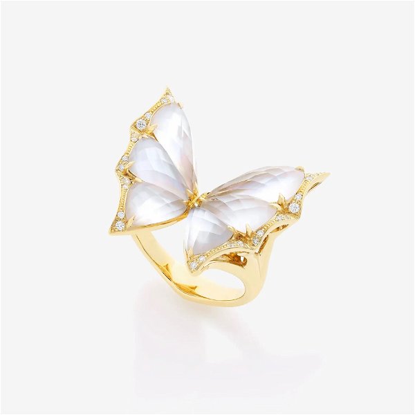 Closeup photo of Fly by Night CH2 Small Ring with White Mother of Pearl and White Diamonds in 18kt Yellow Gold - Size 7
