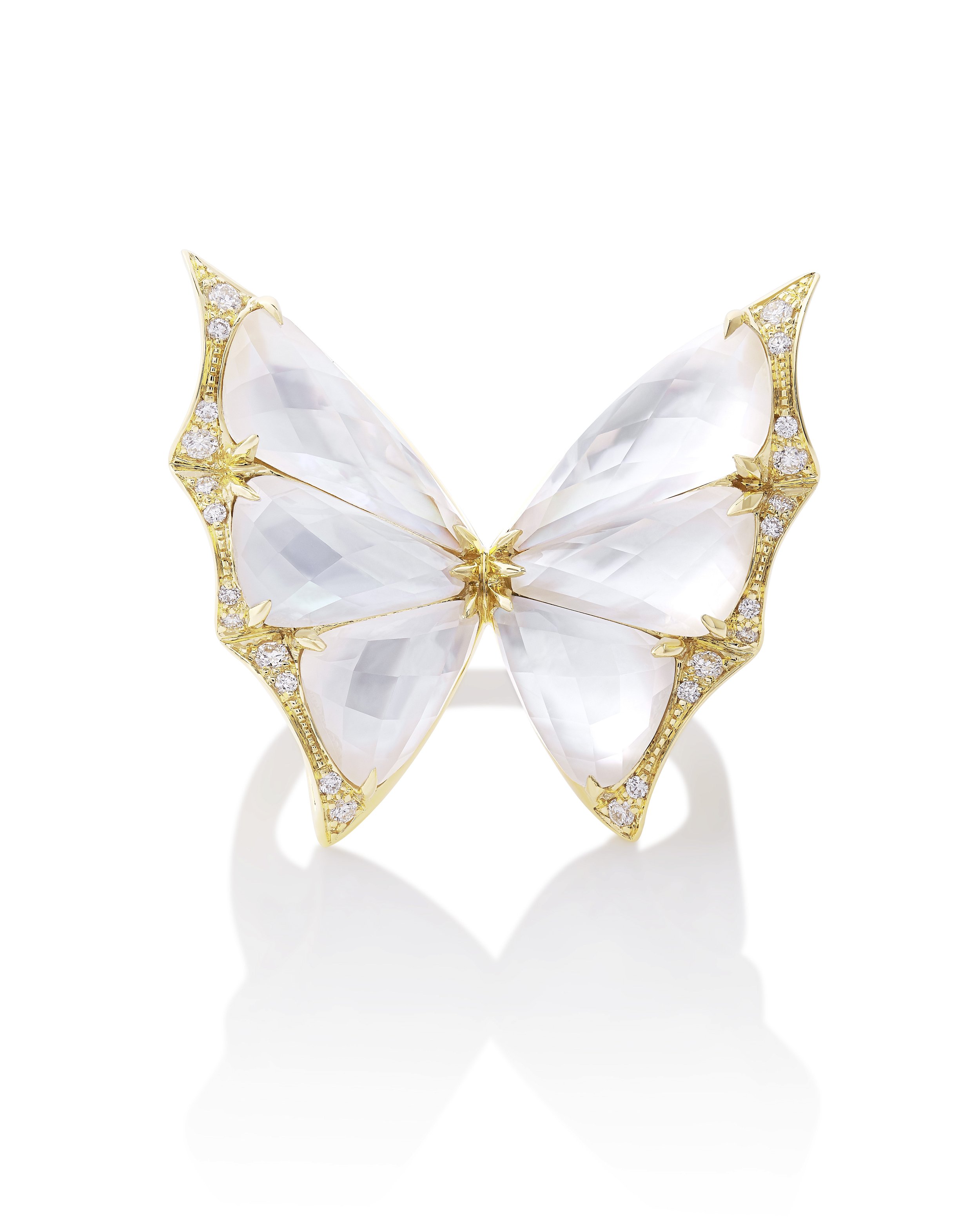 Fly by Night CH2 Large Ring with White Mother of Pearl and White Diamonds in 18kt Yellow Gold - Size 7