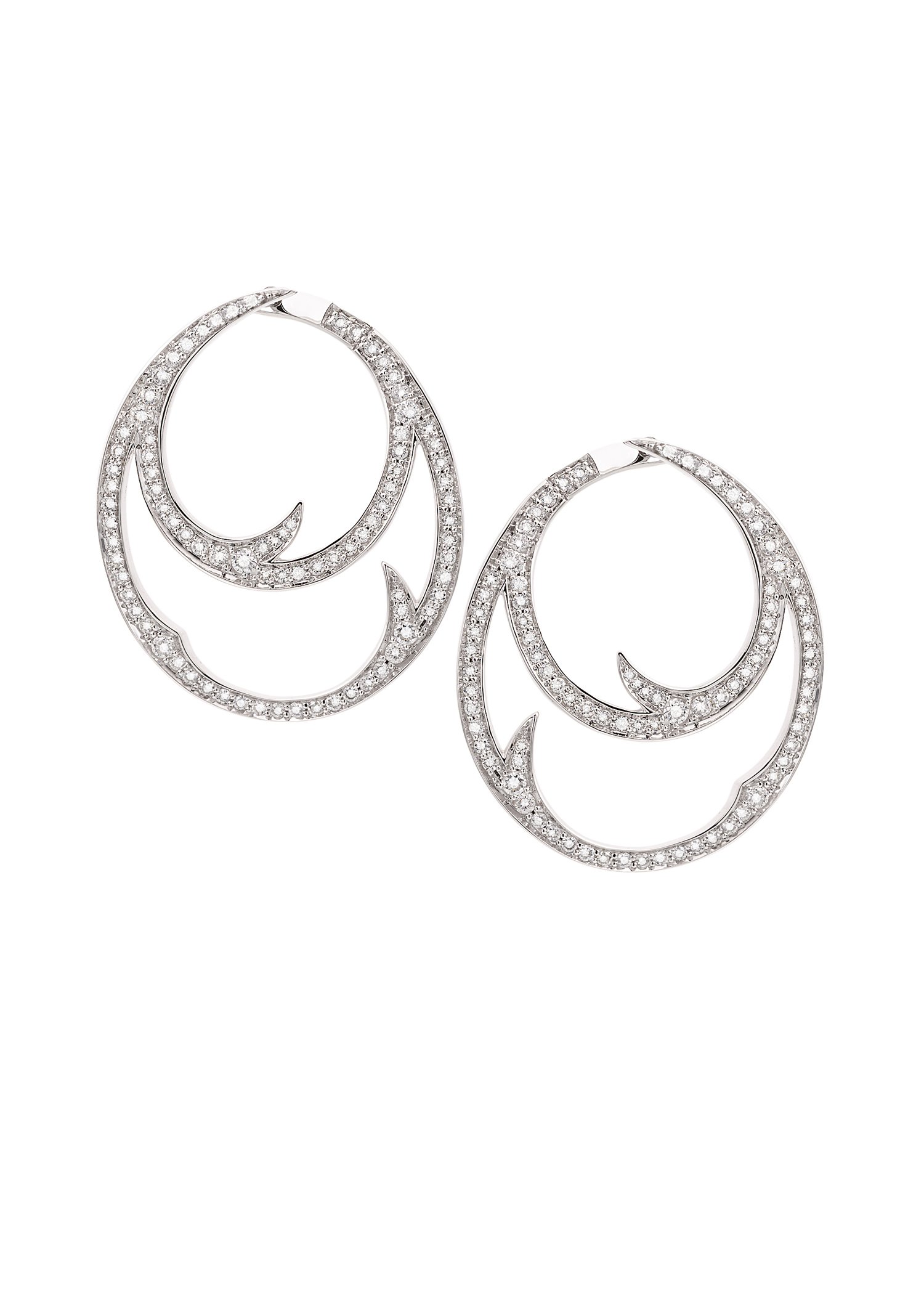 Thorn Stem Double Hoop Earrings with White Diamonds in 18kt White Gold