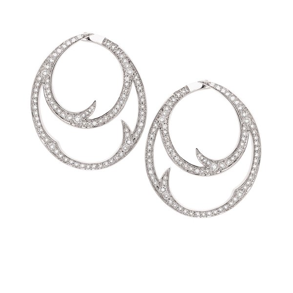 Closeup photo of Thorn Stem Double Hoop Earrings with White Diamonds in 18kt White Gold