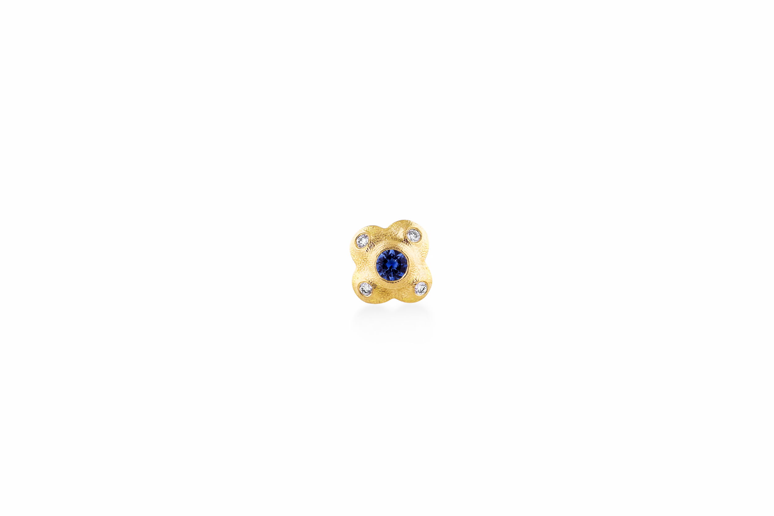 Flora Stud Earrings with White Diamonds and Blue Sapphires in 18kt Yellow Gold by Alex Sepkus.? Small stud earrings with eight white diamonds at 0.04ctw and two blue sapphires at 0.14ctw.? Set in 18kt yellow gold. Flora Stud Earrings with White Diamonds and Blue Sapphires in 18kt Yellow Gold