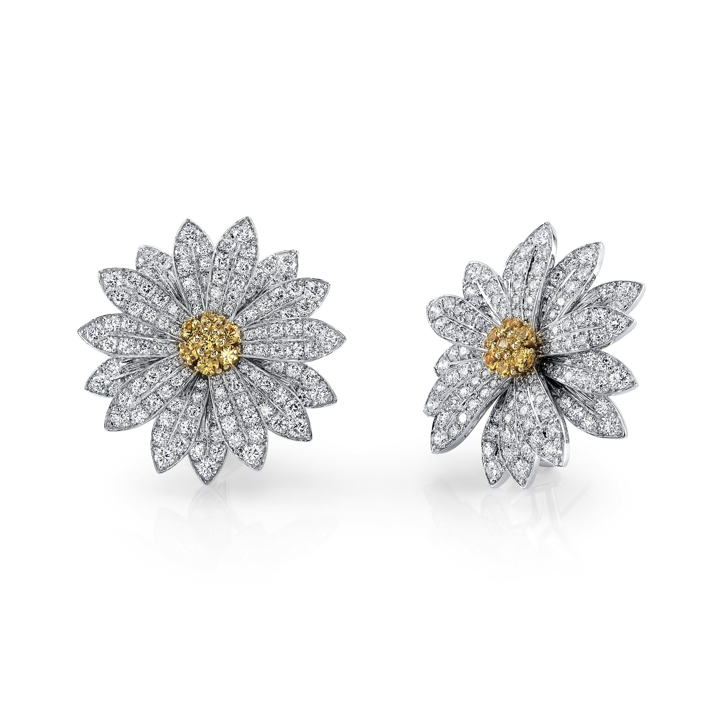 Diamond Pave Large Daisy Earrings with Yellow Sapphire Centers in 18kt White Gold
