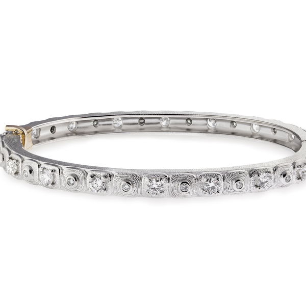 Closeup photo of Hinged Bangle Bracelet with White Diamonds in Platinum