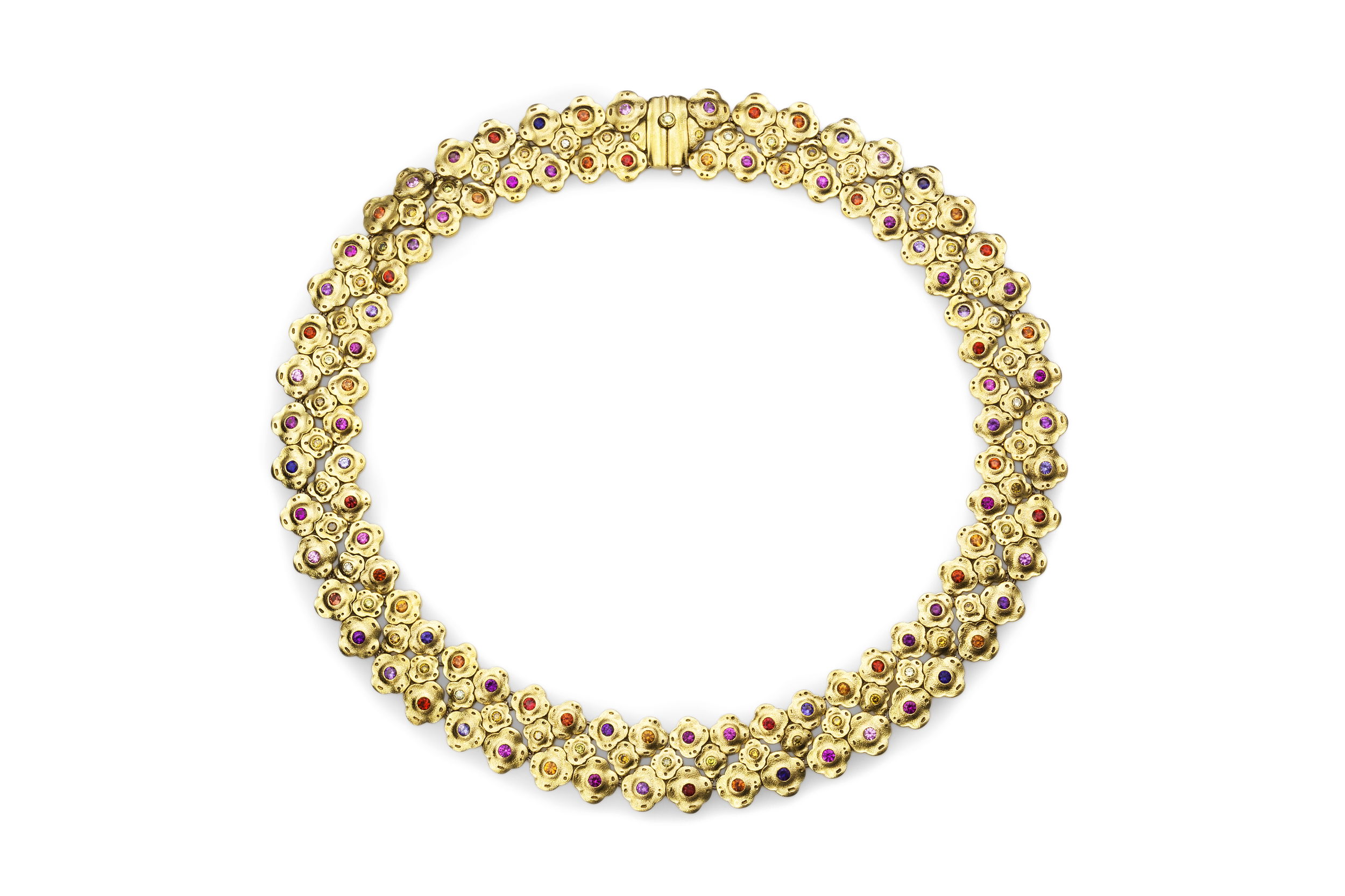 Flora Collar Necklace with Pink, Orange, Purple and Violet Sapphires and Natural Colored Diamonds in 18kt Yellow Gold