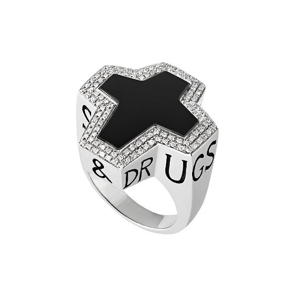 Closeup photo of Thorn Sex Drugs & Rock "N" Roll Ring with Black Onyx and White Diamonds in Sterling Silver - Size 11