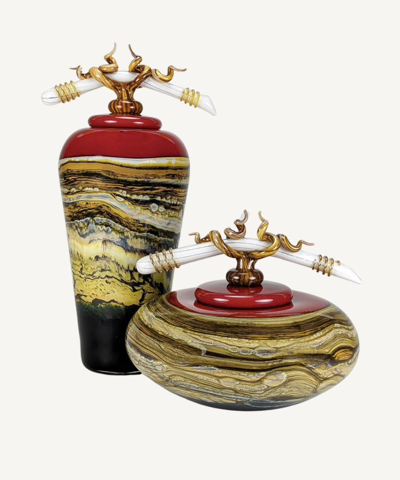 Strata Small Covered Jar in Ruby Glass with Bone and Tendril Finial