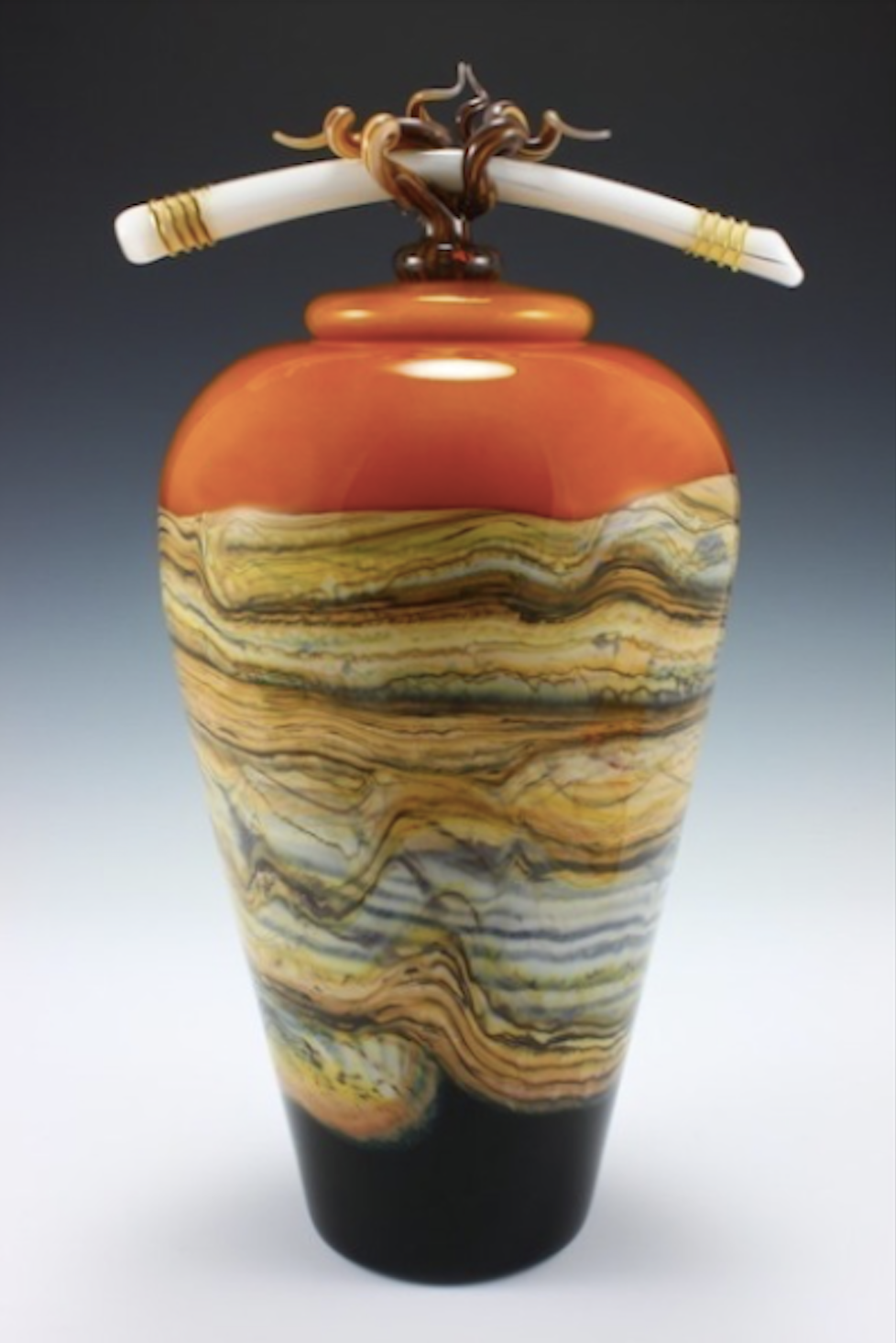 Strata Small Covered Jar in Tangerine Glass with Bone and Tendril Finial