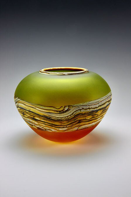 Translucent Strata Sphere Vessel in Lime and Tangerine Glass