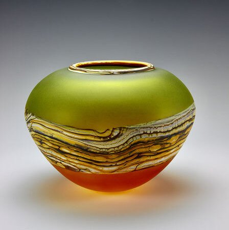 Closeup photo of Translucent Strata Sphere Vessel in Lime and Tangerine Glass