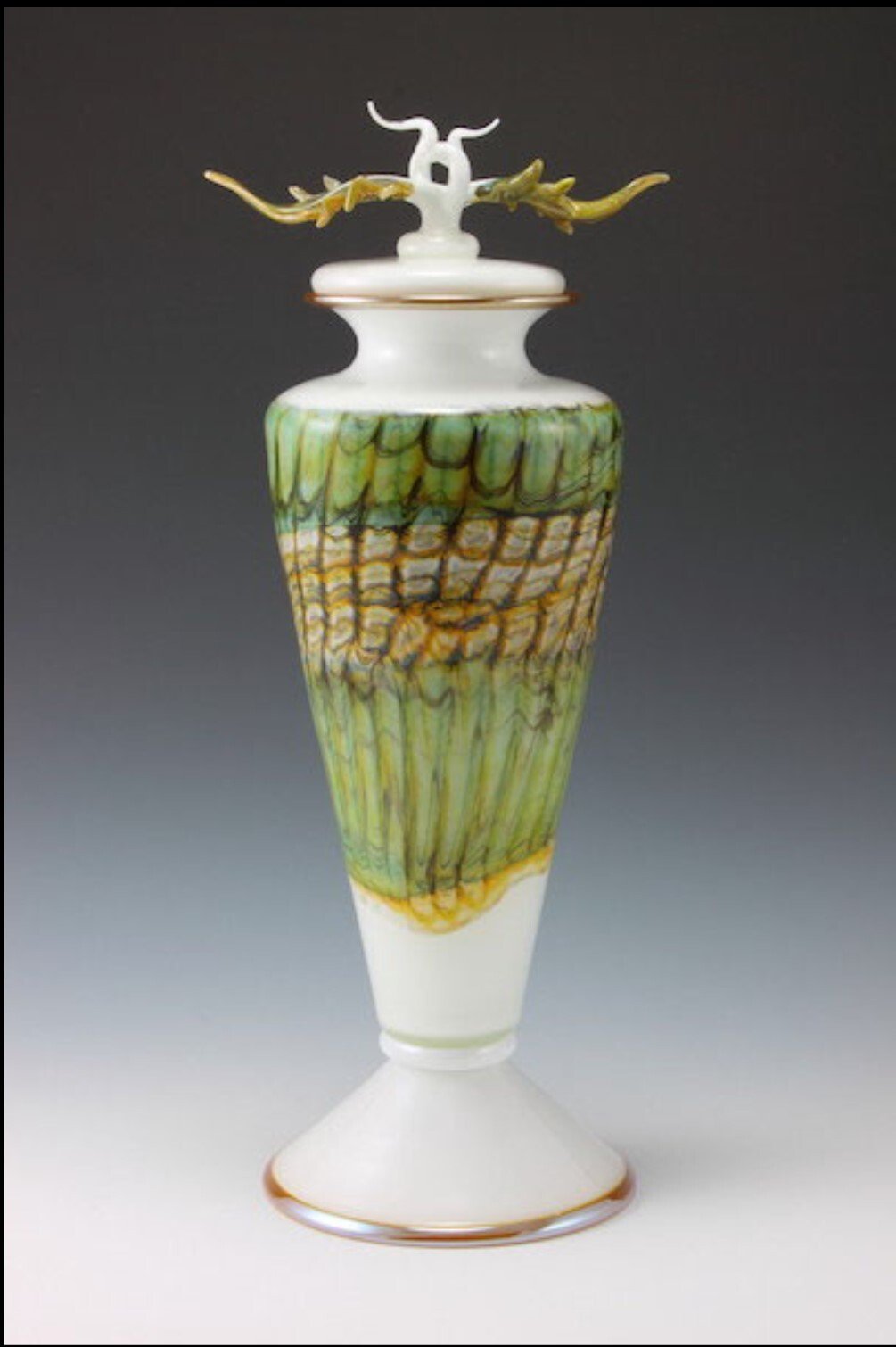 White Opal Tall Footed Glass Vessel with Avian Finial