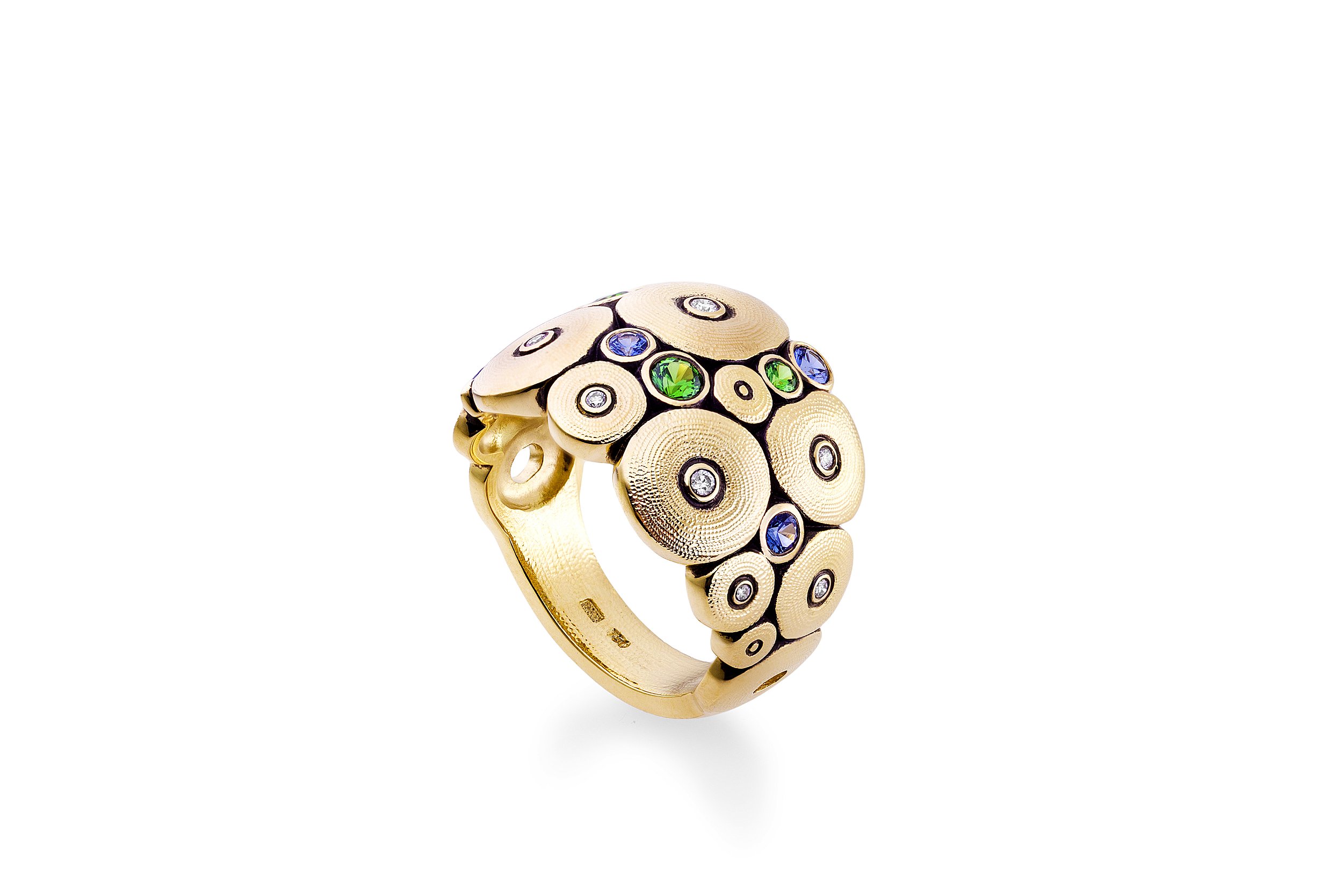 Orchard Dome Ring with Blue Sapphires and Tsavorite in 18kt Yellow Gold