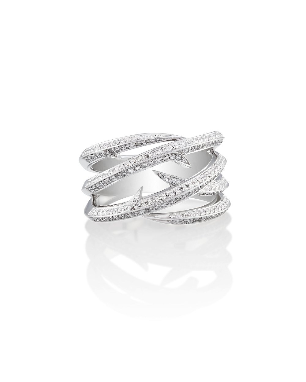 Thorn Embrace Wrap Band Ring with White Diamonds in 18kt White Gold - Size 6 by Stephen Webster. Entwined thorn motif with 0.73ctw of pave white diamonds set in 18kt white gold. This ring is a size 6. Thorn Embrace Wrap Band Ring with White Diamonds in 18kt White Gold - Size 6