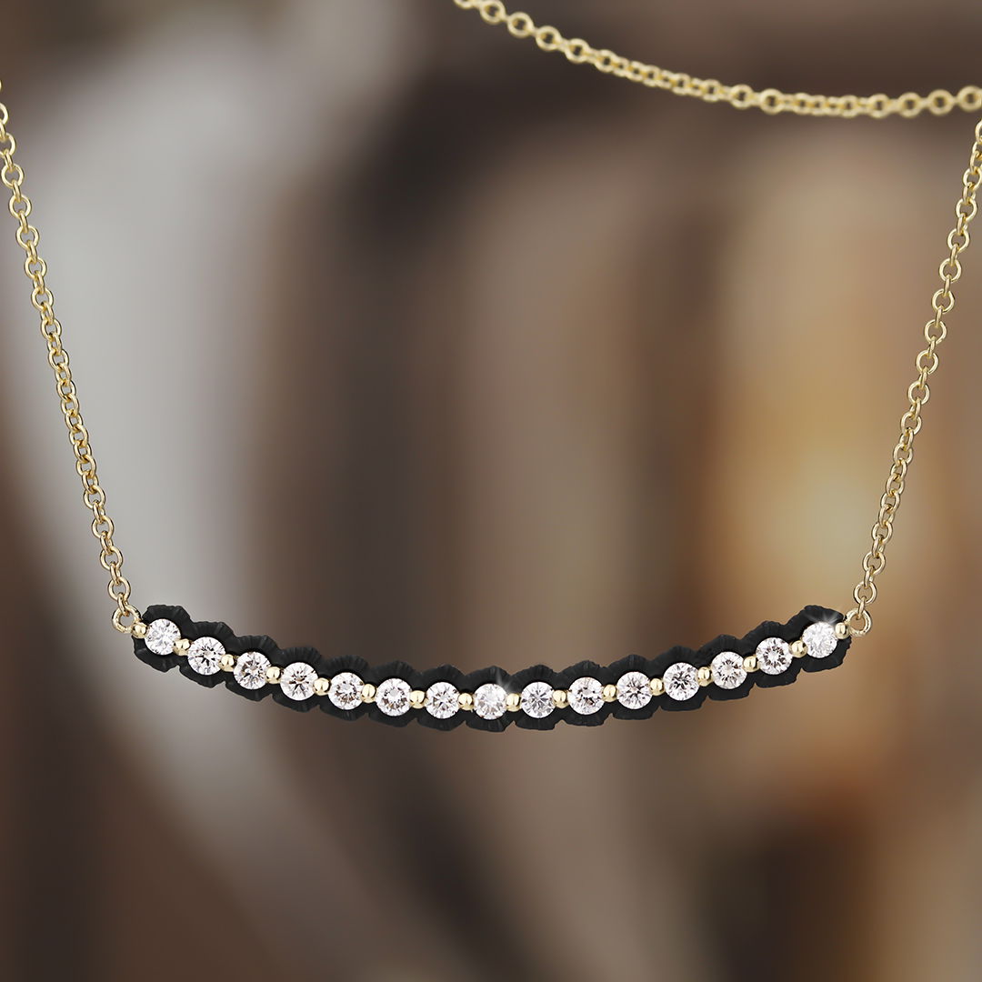 Scallop Fifteen Stone Line Necklace with White Diamonds in Black Chrome and 18kt Yellow Gold