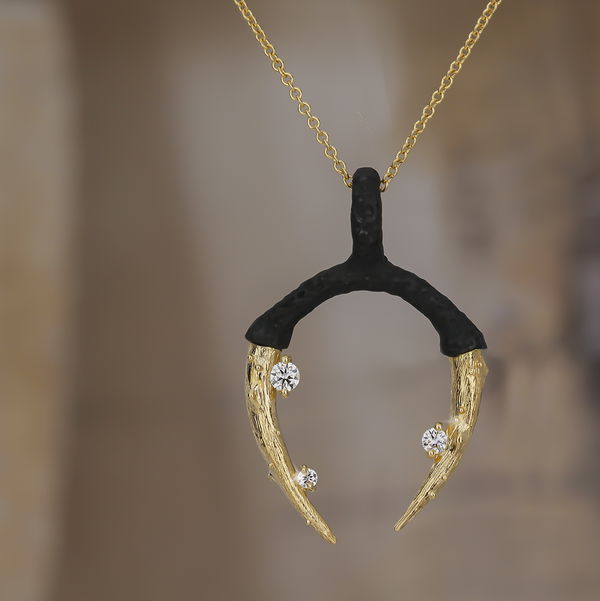 Closeup photo of Radiolarian Double Talon Pendant Necklace with White Diamonds in Black Chrome and 18kt Yellow Gold