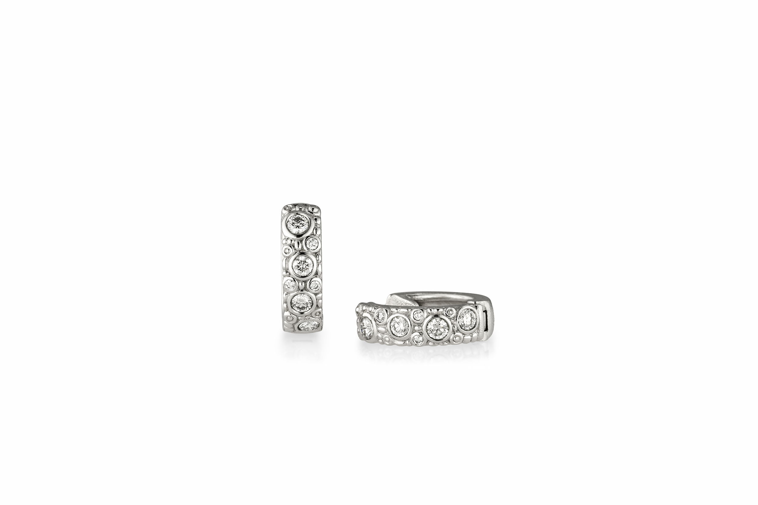 Oval Hoop Earrings with White Diamonds in Platinum Gold by Alex Sepkus. Fourteen white diamonds at 0.44ctw set in Platinum with black rhodium over. Oval Hoop Earrings with White Diamonds in Platinum