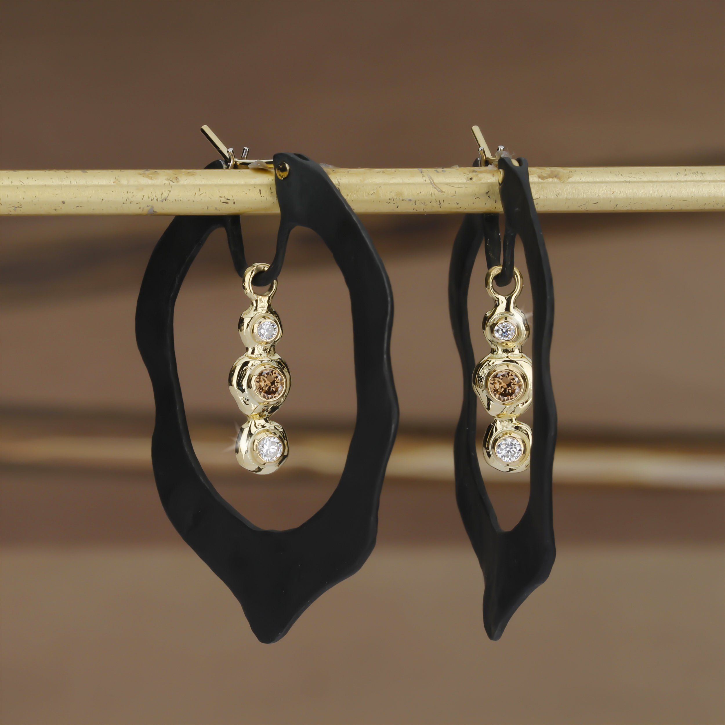 Jacaranda Dangle Hoop Earrings with White and Cognac Diamonds in Black Chrome and 18kt Yellow Gold