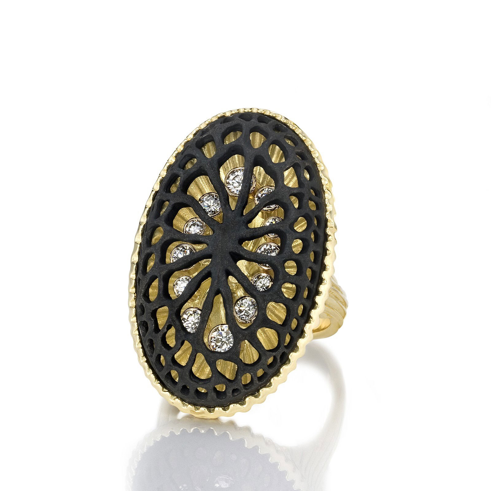 Caged Coral Large Oval Ring with White Diamonds in Black Chrome and 18kt Yellow Gold by Sarah Graham. 18kt yellow gold ring with 0.82ctw of white diamonds set under a cage of coral motif oxidized cobalt Chrome. The ring is a size 9. Caged Coral Large Oval Ring with White Diamonds in Black Chrome and 18kt Yellow Gold