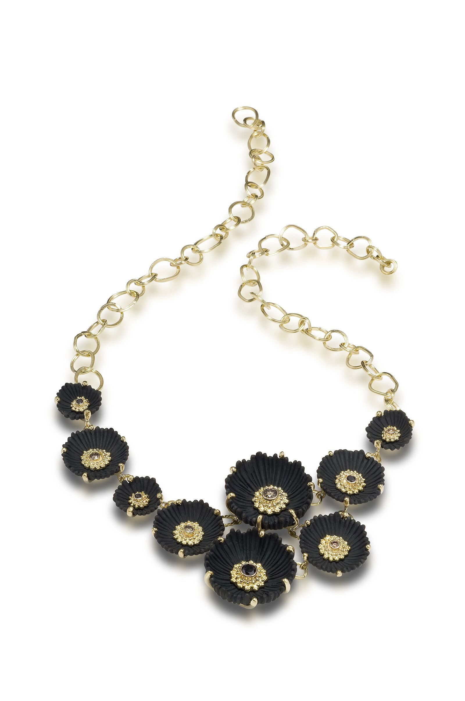 Flowering Coral Fall Diamond Necklace with White and Cognac Diamonds in Black Chrome and 18kt Yellow Gold