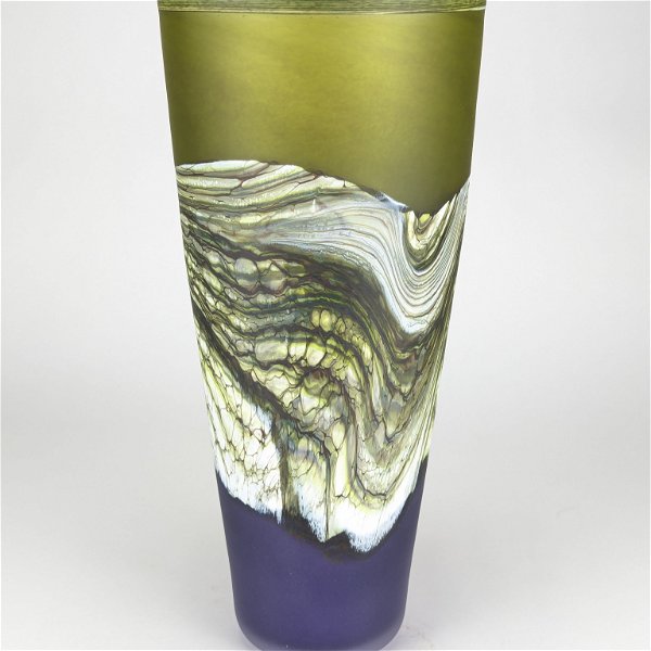 Closeup photo of Agate Cone Vase in Lime and Amethyst Glass