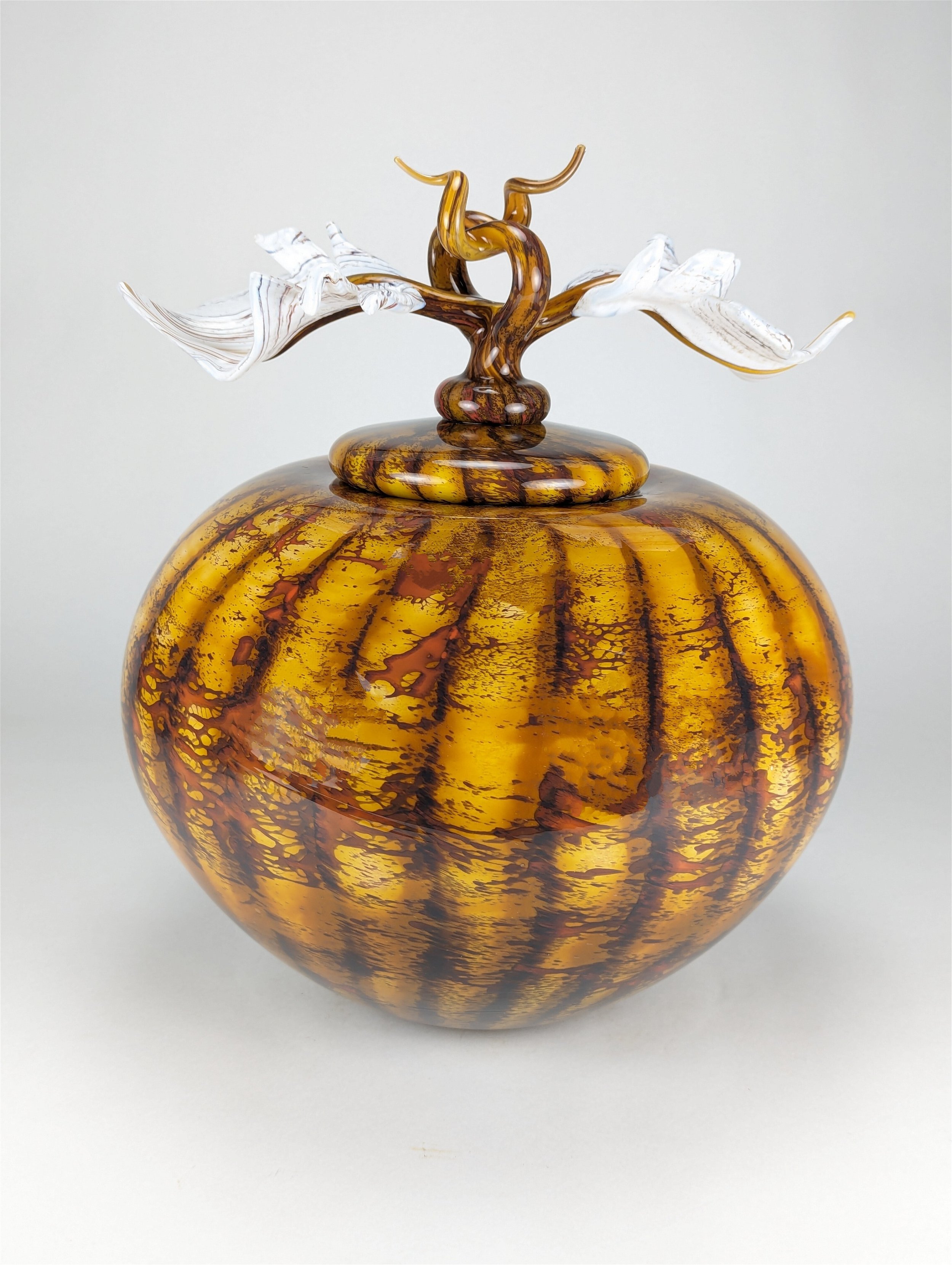 Batik Large Covered Sphere Vessel in Gold Glass with Avian Finial