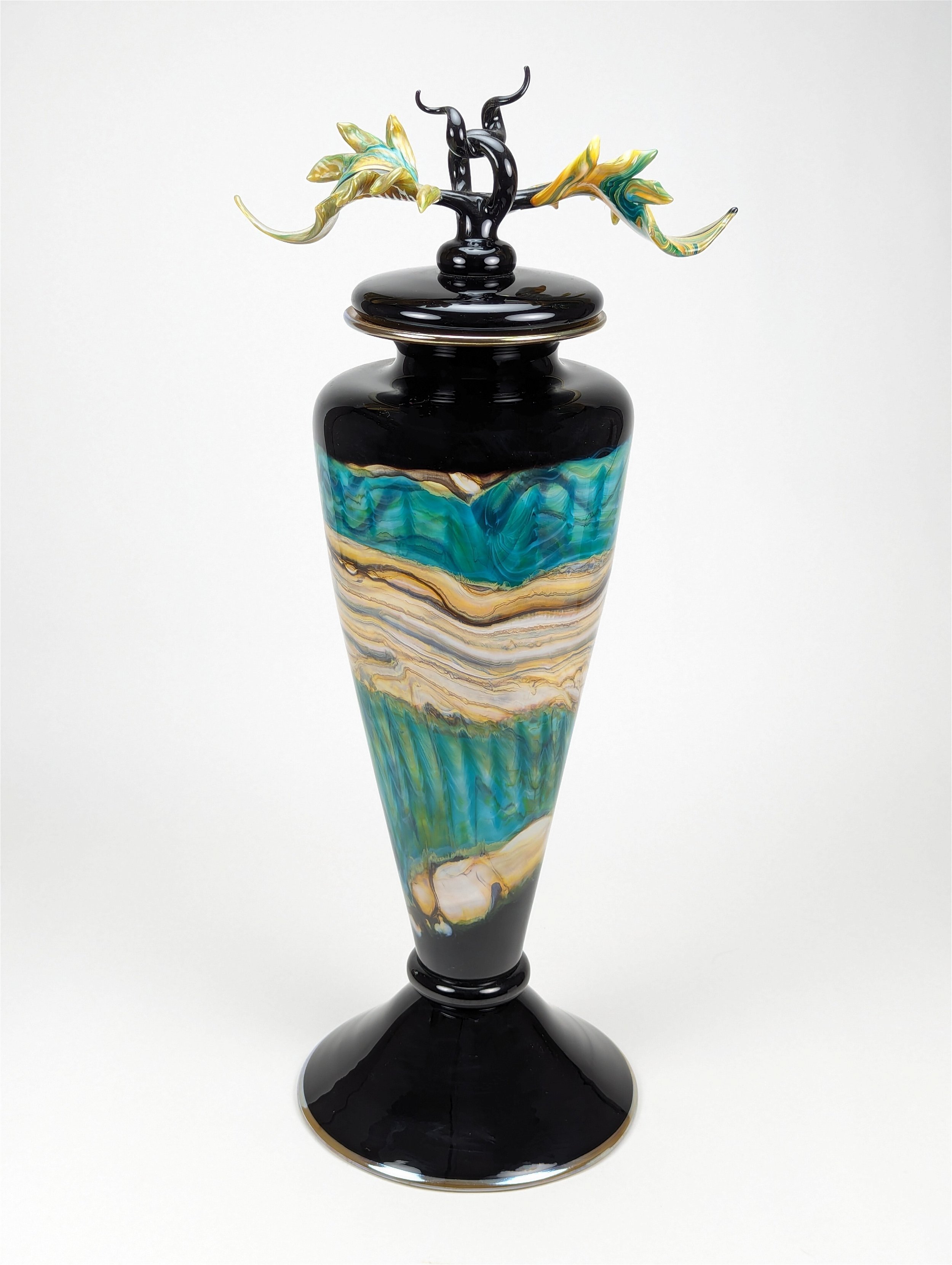 Black Opal Tall Footed Vessel in Turquoise Glass with Avian Finial