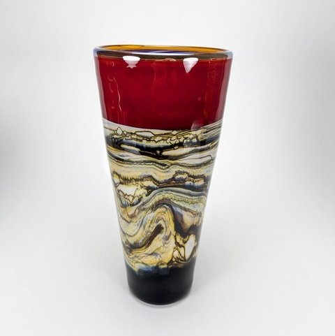 Closeup photo of Strata Small Cone Vase in Ruby Glass