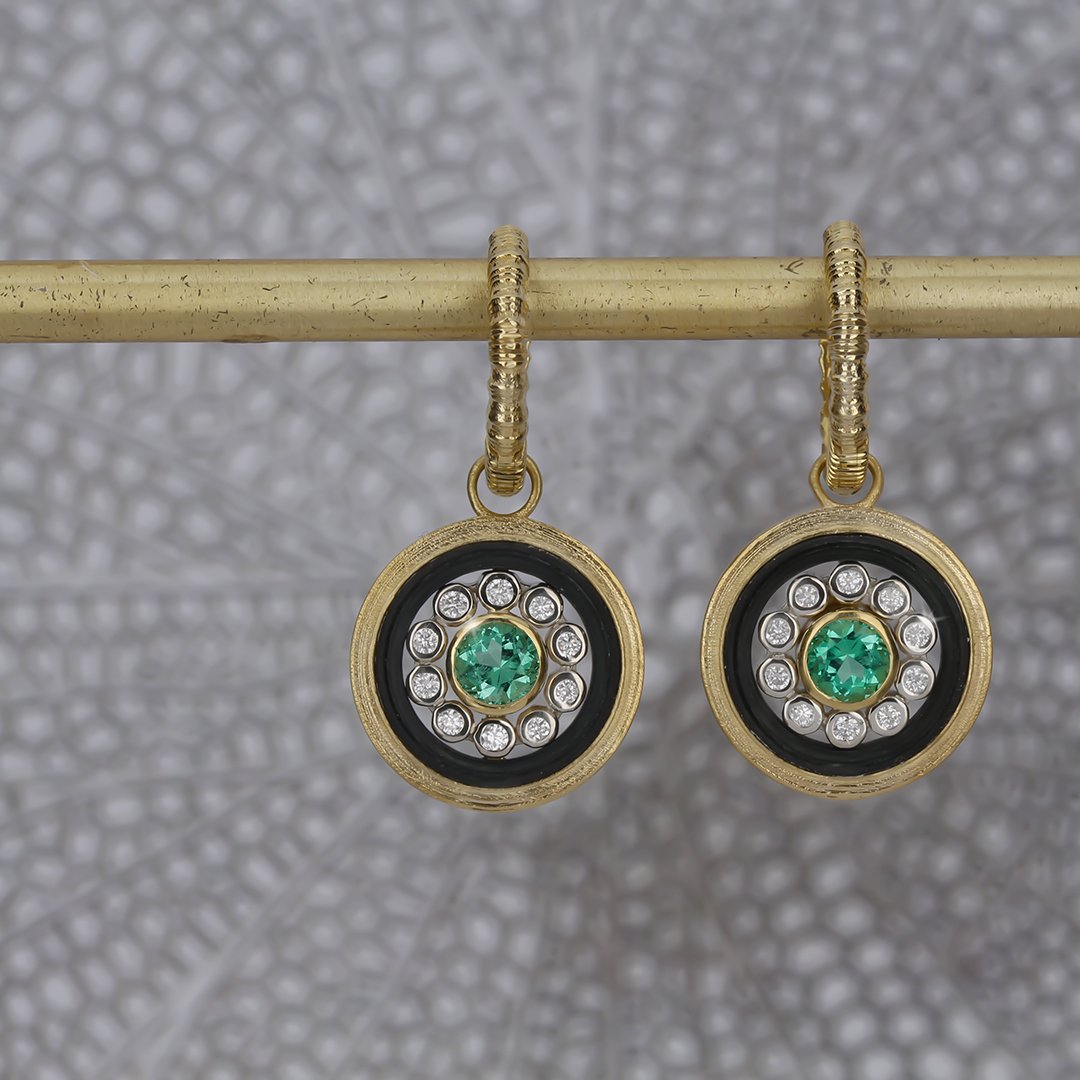 Paragon Drop Earrings with Emeralds and White Diamonds in Black Chrome and 18kt Yellow Gold