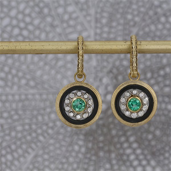 Closeup photo of Paragon Drop Earrings with Emeralds and White Diamonds in Black Chrome and 18kt Yellow Gold