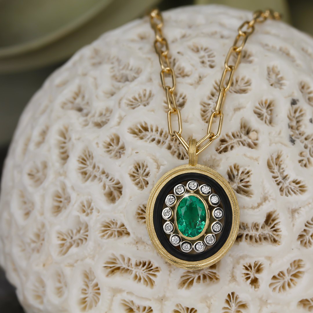 Paramount Pendant Necklace with Emerald and White Diamonds in Black Chrome and 18kt Yellow Gold