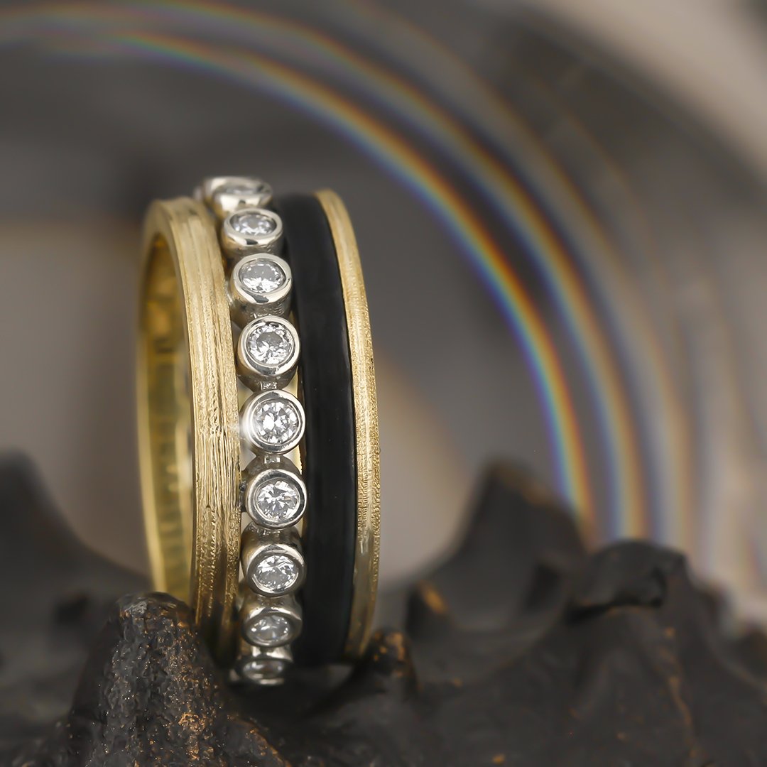 Paramount Quad Band Ring with White Diamonds in Black Chrome and 18kt Yellow and White Gold