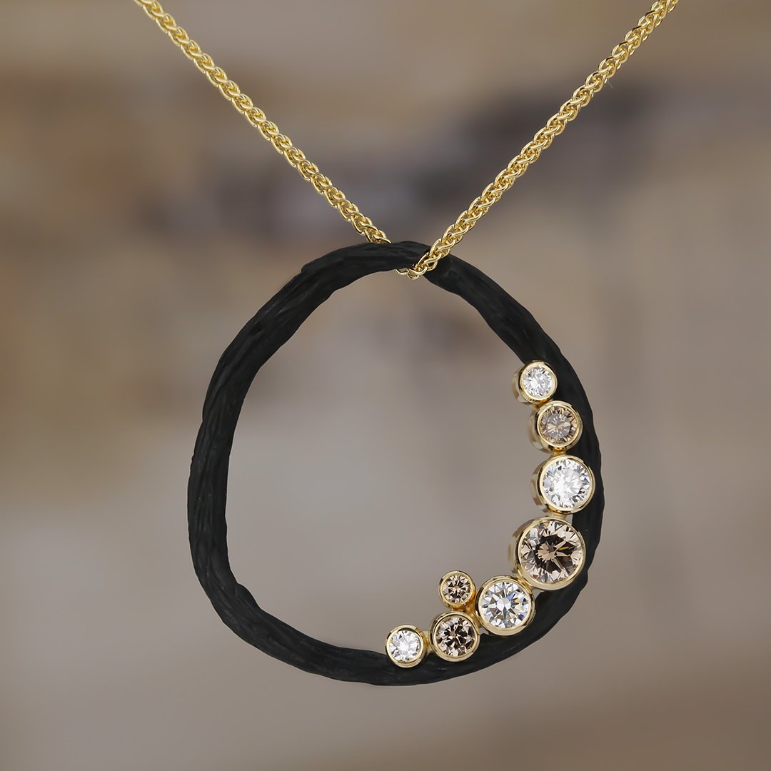 Pebble Medium Circle Diamond Necklace with White and Cognac Diamonds in Black Chrome and 18kt Yellow Gold