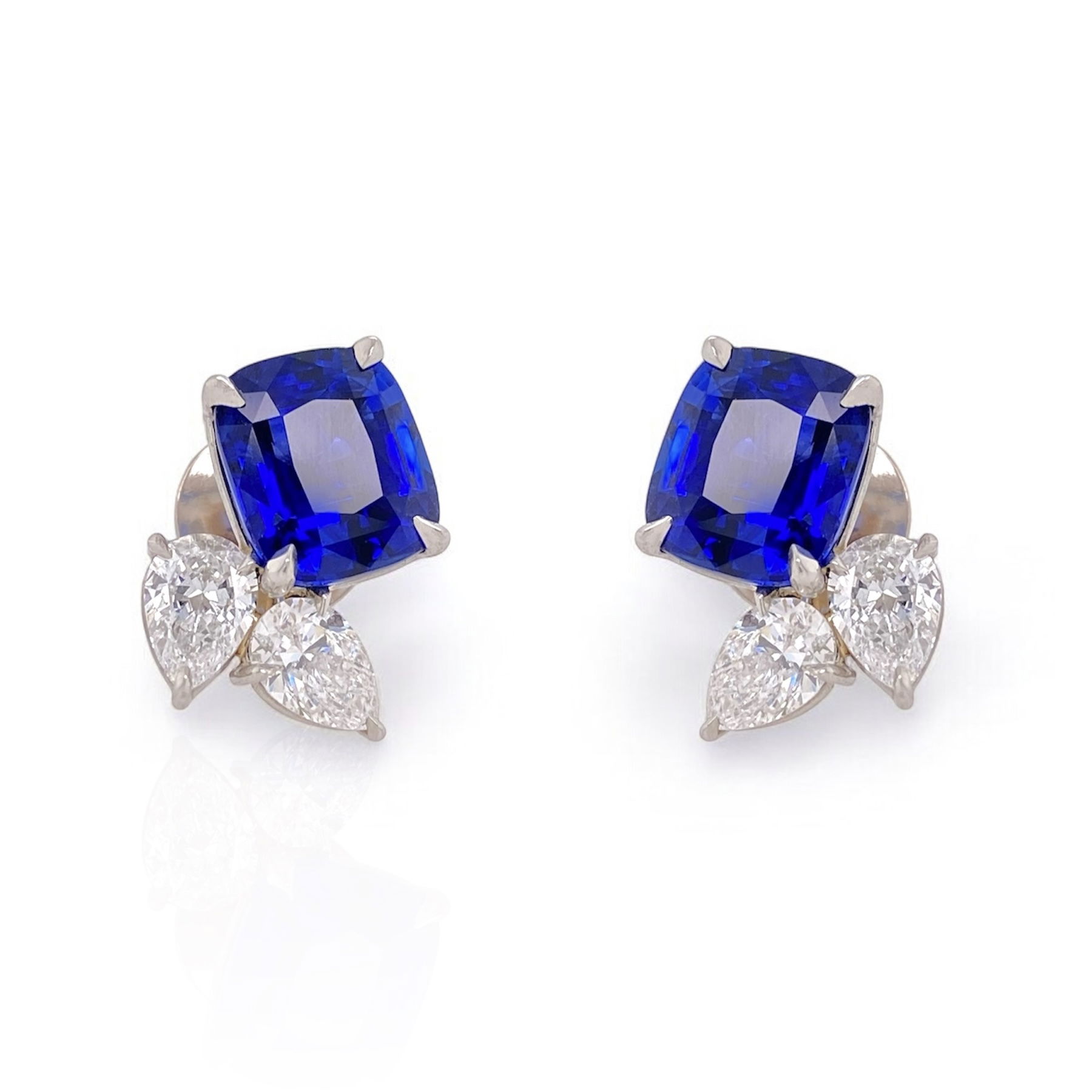 Flora Motif Stud Earrings with 7.56ctw Cushion Cut Blue Sapphires and White Diamonds in Platinum