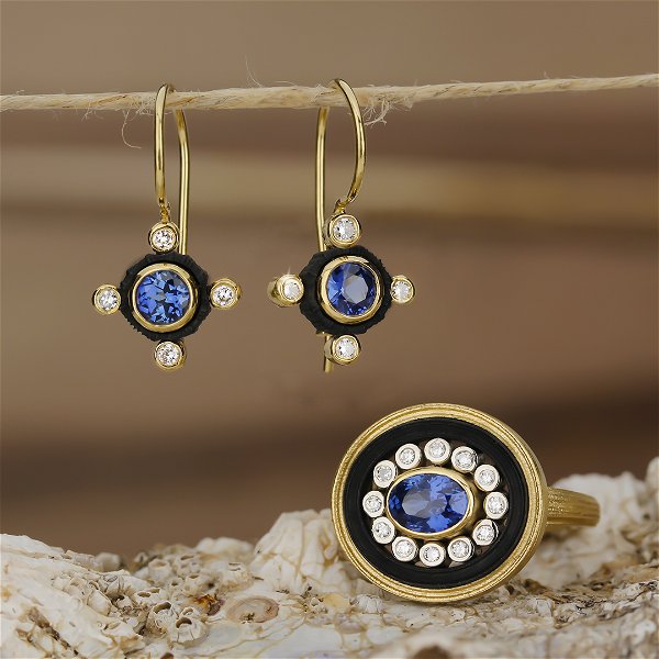 Closeup photo of Chroma Quatro Wire Earrings with Sapphires and Diamonds in 18kt Yellow Gold and Black Chrome