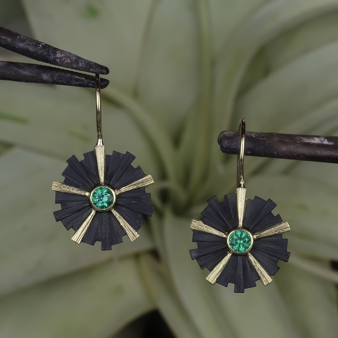 Chroma Ray Drop Earrings with Emeralds in 18kt Yellow Gold and Black Chrome