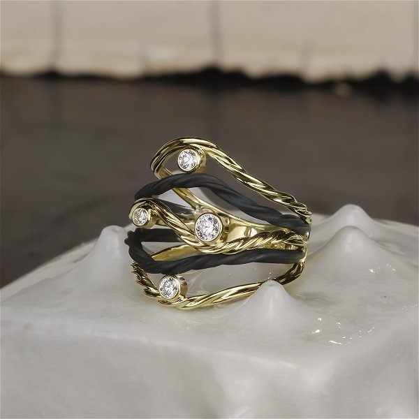 Closeup photo of Clover Five Wire Ring with White Diamonds in 18kt Yellow Gold and Black Chrome