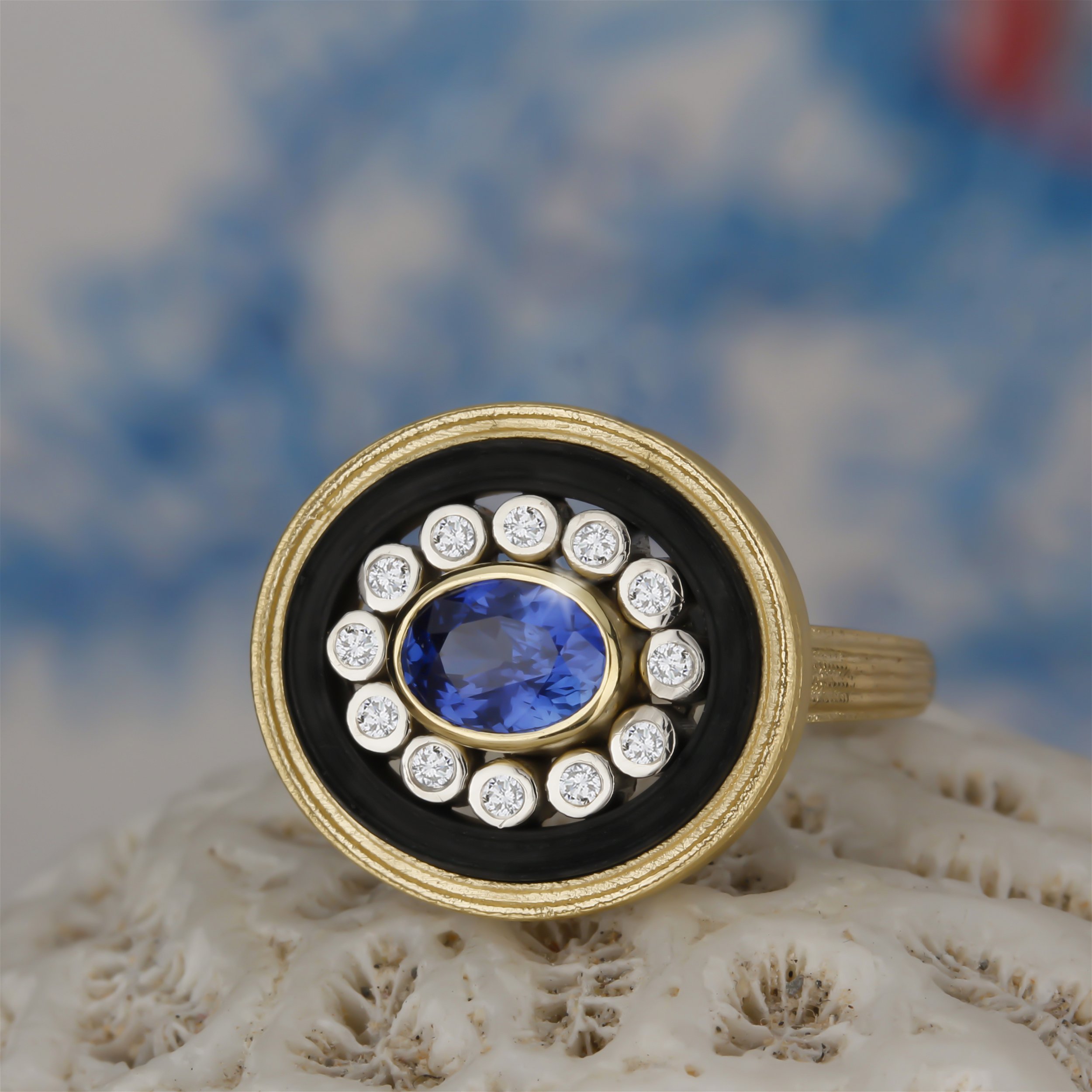 Paragon Oval Center Stone Ring with Sapphire and Diamonds in 18kt Yellow Gold and Black Chrome